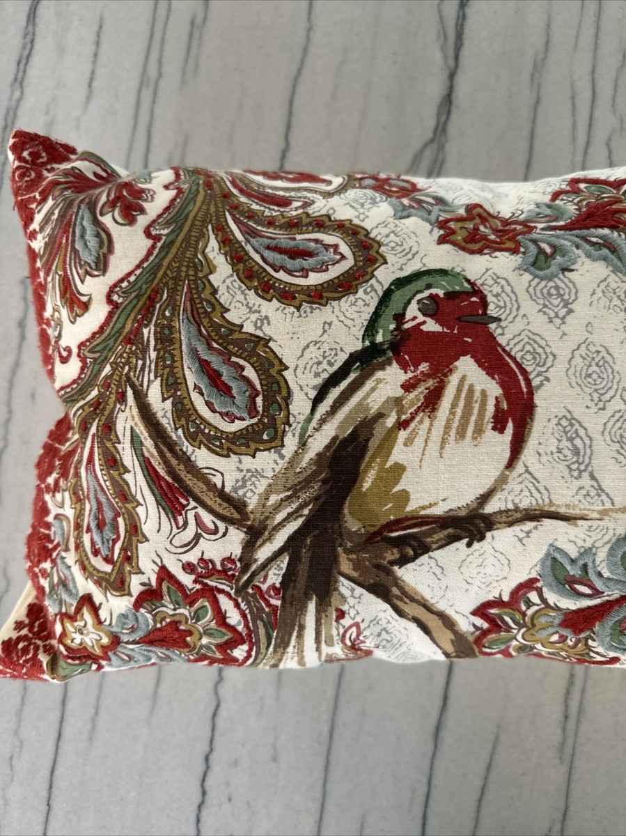 Pottery Barn Pillow 12”x16” Bird Red Cream Green Blue Embroidered Floral