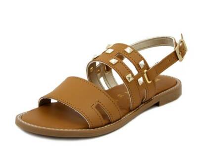 Sandali Donna Pelle 35 Marrone Cuoio con Borchie Oro Tacco Basso