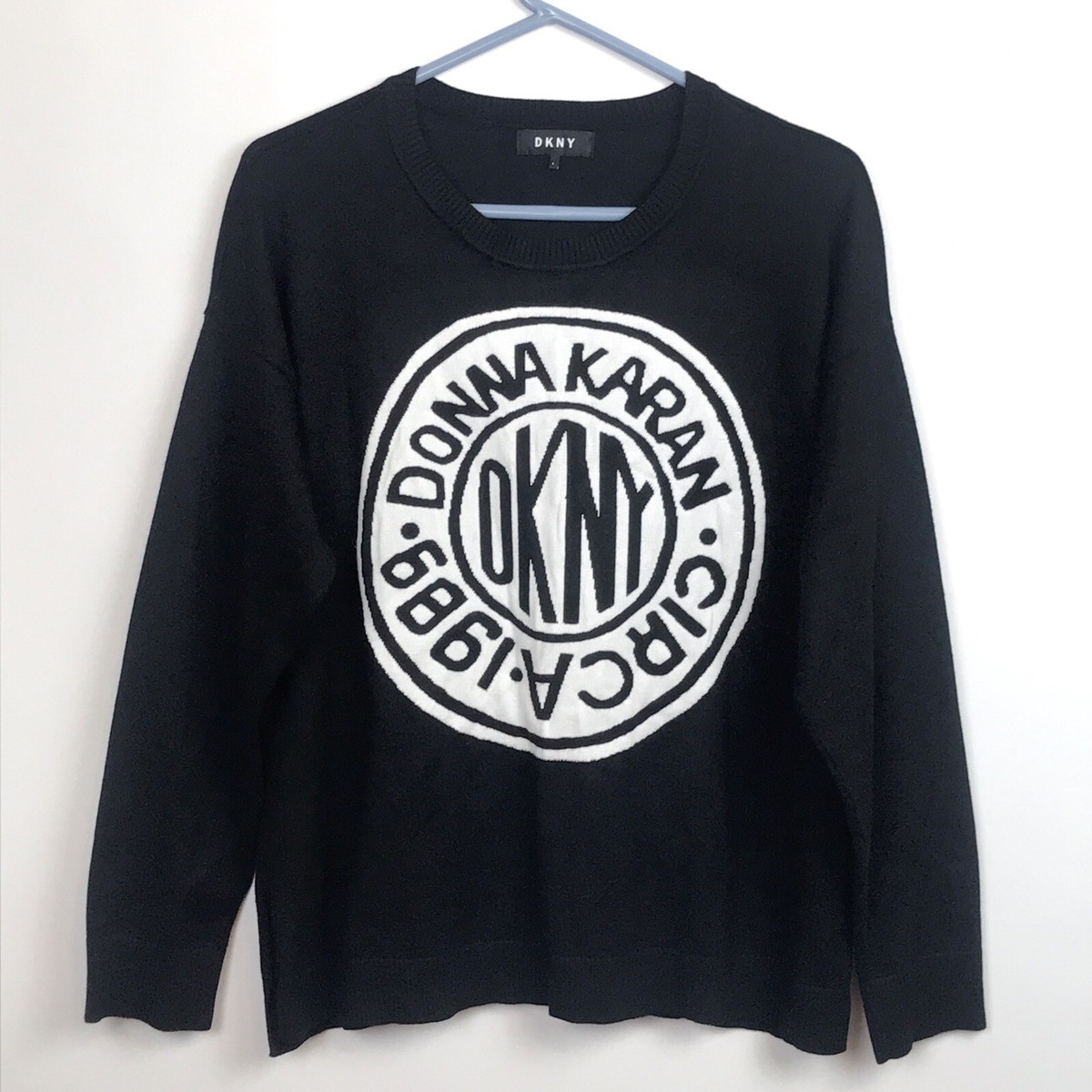 DONNA KARAN DKNY CIRCA Black & White BIG Round LOGO Sweater  