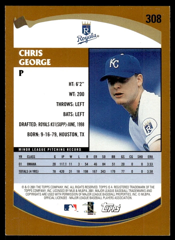 2002 Topps Baseball Card Chris George B Kansas City Royals #308 - Image 2 of 2