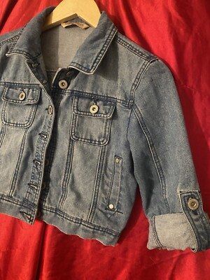 #ad vtg highway jeans jacket cropped sz m 3 4 sleeve sun wash $23.55