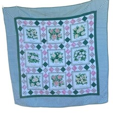 VTG Garden Block Quilt Floral Striped Reversible Hand Sewn Pink Green 82x84 FLAW