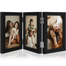 Triple 4x6 Picture Frame Vertical, Engineered Wood Trifold Photo Frame with P...