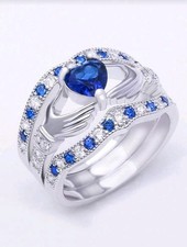 3pc Silver-plated Copper Blue Heart-shaped Cz White And Blue Inlay Ring Size 7 3pc Silver-plated Copper Blue Heart-shaped Cz White And Blue Inlay Ring Size 7