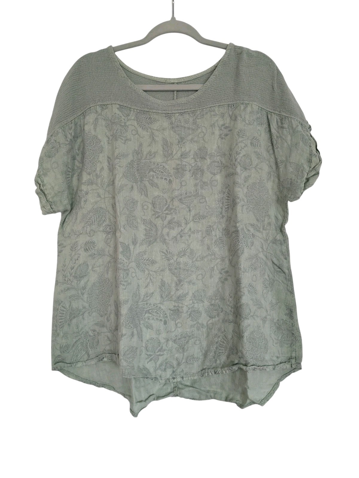 Lungo L’arno Green Linen Short Sleeve Womens 1X Lagenlook Eco Tunic Top Floral