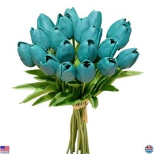 20 Teal Artificial Tulips Faux Flowers for Wedding Home Decor 13.5 Inch