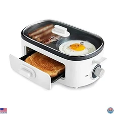 3-in-1 Breakfast Maker Station, Nonstick Griddles, Toast Drawer, Timer, White