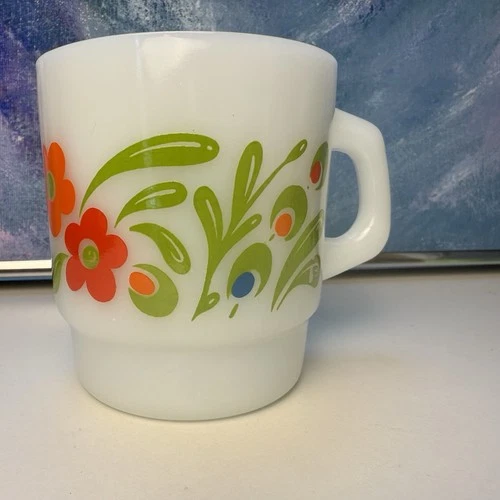 Anchor Hocking Mug Milk Glass Vintage Floral Coffee Tea Cup MCM Stacking Handle