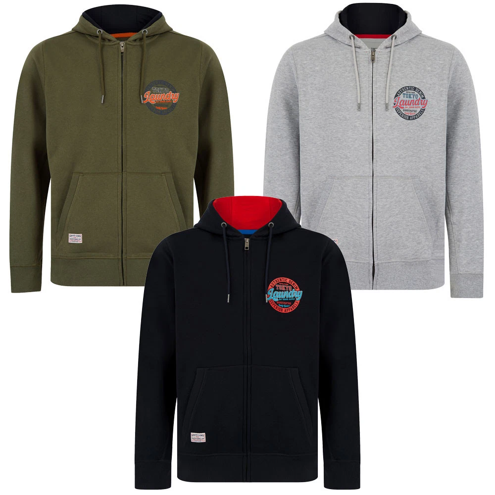 Tokyo Laundry Men's Hoodie Zip Through Retro Motif Hooded Top Hoody Sweater