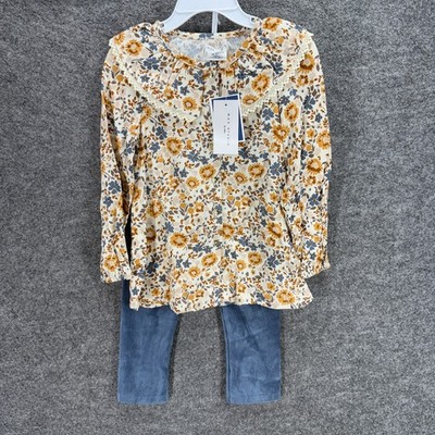 New Max Studio Pants Suit Girls 4T White Floral Blouse Long Sleeve Blue Pants