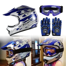 Blue Flame Kid Youth Dirt Bike Helmet ATV Motocross Off-Road Helmet+Goggles 🎁