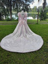 Vintage Late 80s Wedding Gown Dress Pink Embellished Super Puffy Sleeves Train