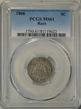 1866 Shield nickel, with Rays, PCGS MS  61