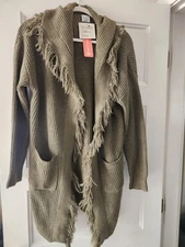 New Cozy Co Hooded Fringe Open Cardigan In Olive S/M By Cozy Casual