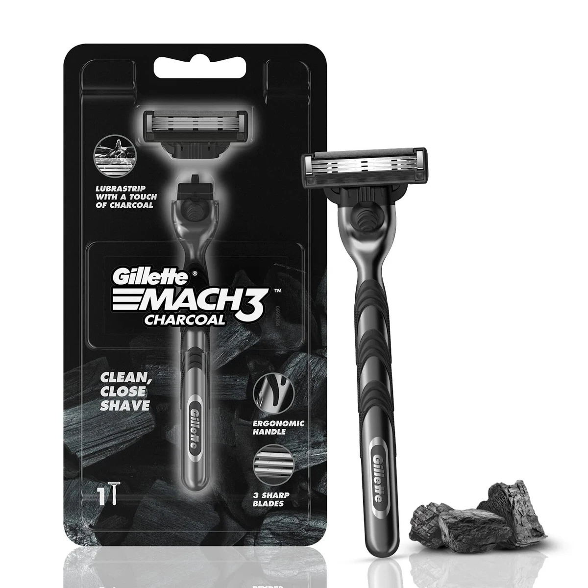 Gillette Mach 3 Charcoal Shaving Razor for Men with New Enhanced Lubrastrip