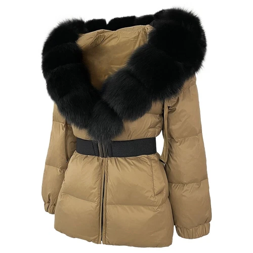 Winterjacke Damen echt Fuchspelz Kapuze dick warm weiß Entendaunenmantel - Bild 15 von 35