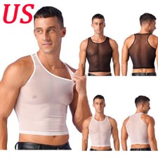 US Mens Tank Tops Workout Crop Top See-Through T-shirt Muscle Blouse Mesh Vests