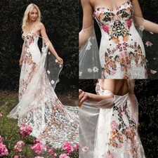 Boho A-Line Wedding Dress Strapless Backless Lace Floral Embroidery Bridal Gowns