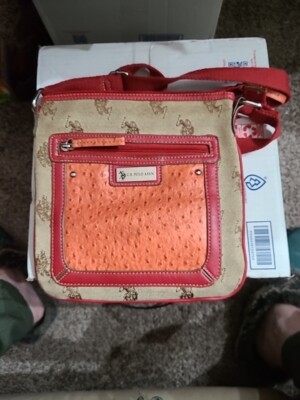 U.S. Polo Association Canvas Crossbody Bag Pouch, Croc Front, Red Trim 
