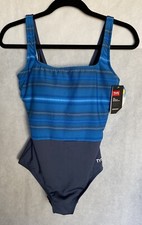 TYR Fitness Size 10 Durafast Elite Blue Geo Scoop Neck ControlFit Swimsuit NEW