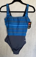 TYR Fitness Size 10 Durafast Elite Blue Geo Scoop Neck ControlFit Swimsuit NEW