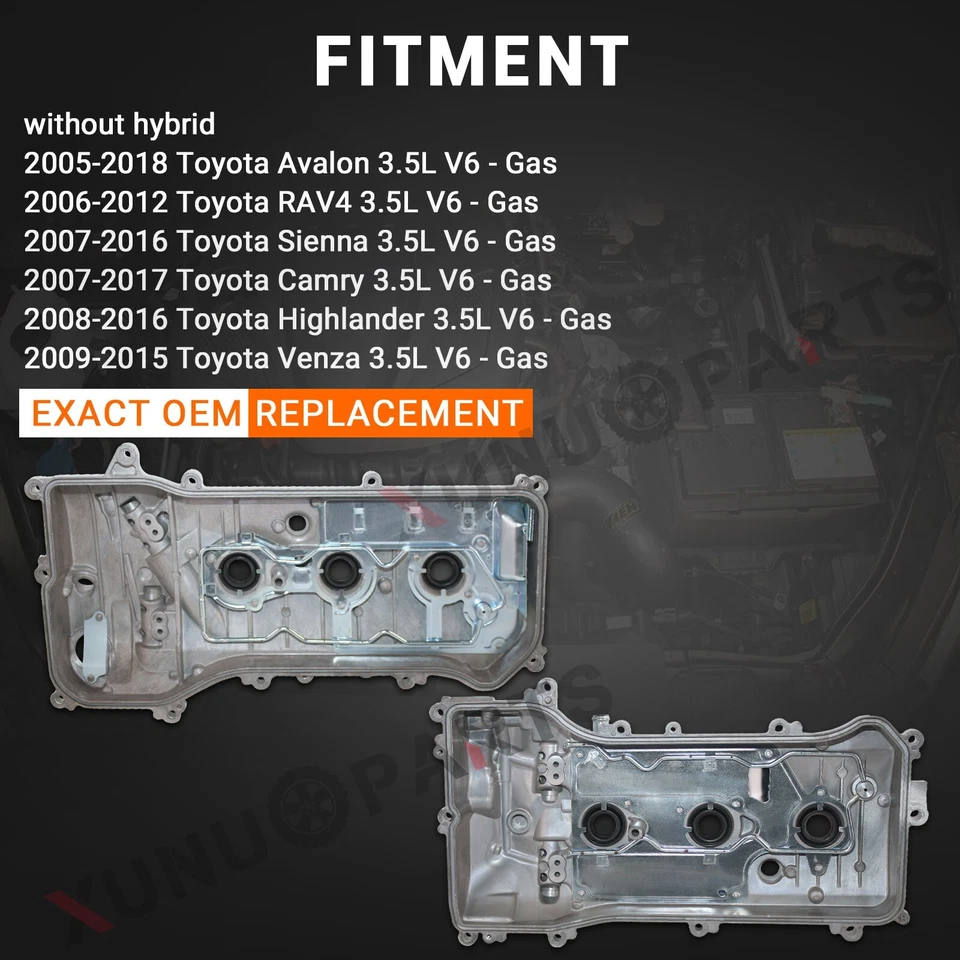 2x Valve Covers Set for 2007-2016 Toyota Sienna Camry Highlander 3.5L Non-Hybrid - Image 3 of 4