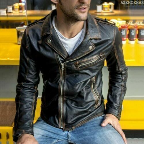Mens Black Biker Vintage Distressed Motorcycle Cafe Racer Real Leather Jacket - Bild 1 von 5