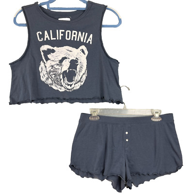 Colsie Shortie Pajama Set Womens Medium Blue Cropped Jersey Knit California Bear
