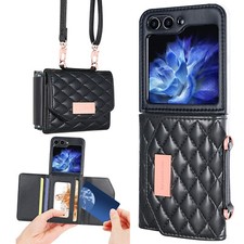 Fr Samsung Galaxy Z Flip 6 5 4 3 Luxury Leather Wallet Case with Crossbody Strap