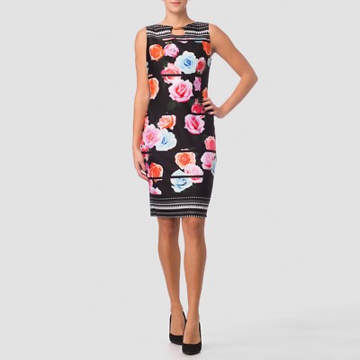 Joseph Ribkoff NWT Floral Black Dress Roses Pink Blue Flowers