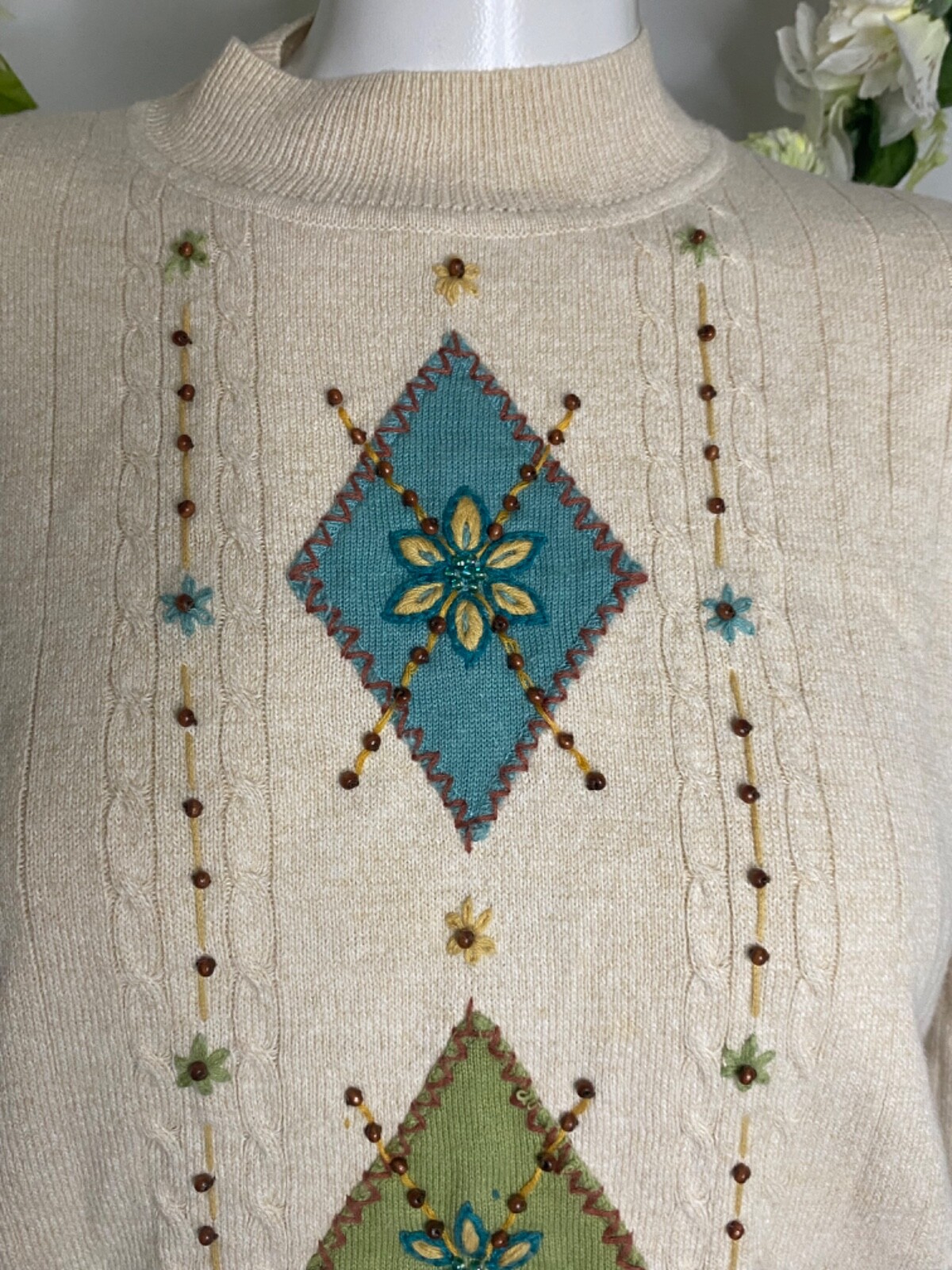 Alfred Dunner Ivory High Neck Cotton Sweater with Beads Applique Size XL Vintage image 3