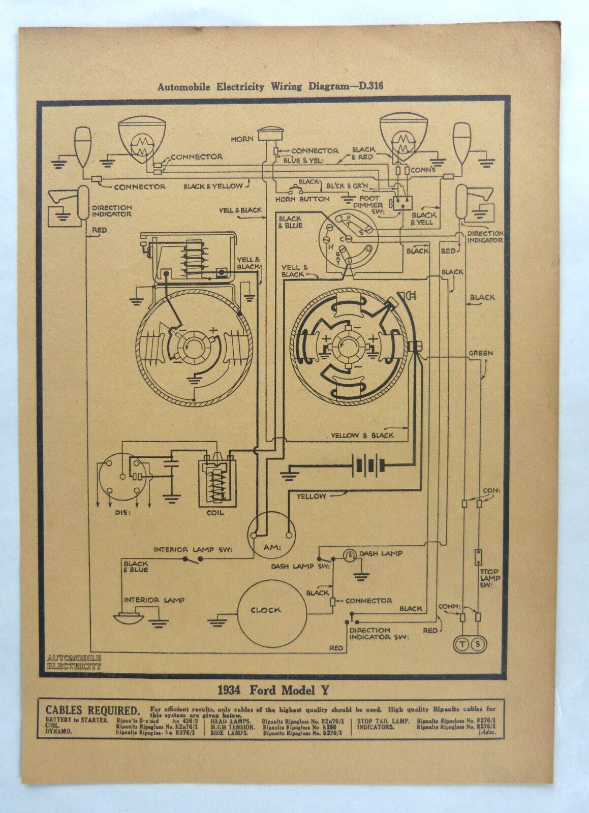 Original Automobile Electricity Ford Model Y Wiring Diagram 1934 D316