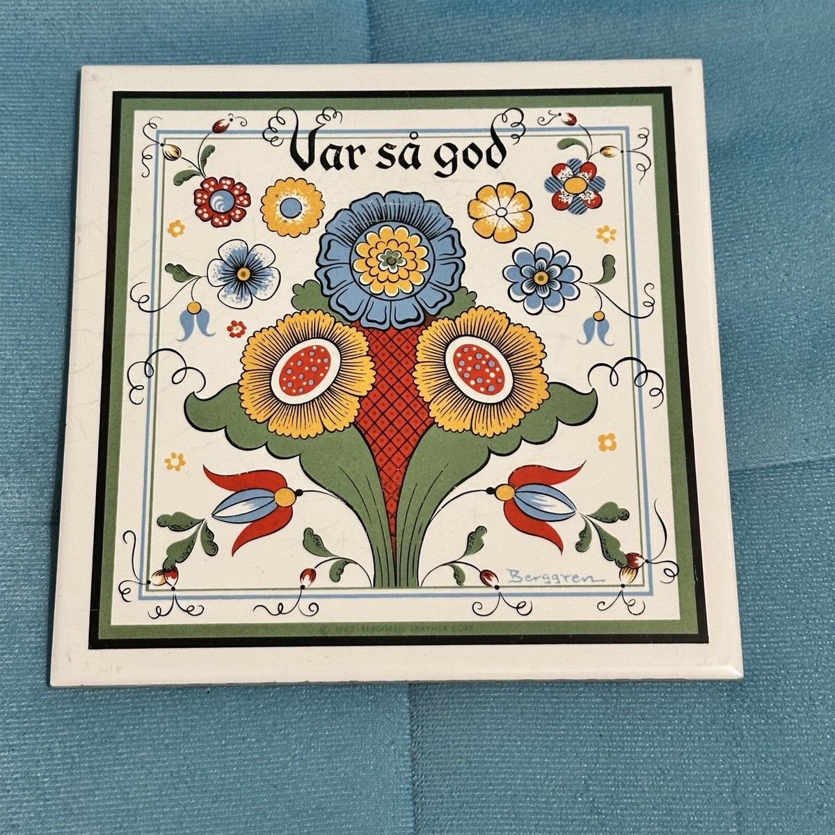 Vintage Swedish Flower Tile 1967 Berggren Trayner Mcm 6X6 Folk Art