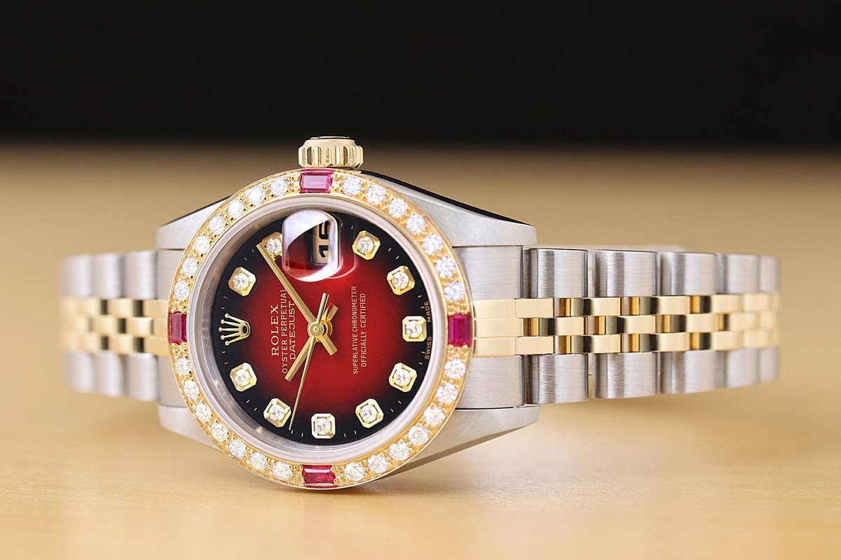 ROLEX LADIES DATEJUST 79173 RED VIGNETTE DIAL 18K GOLD STEEL