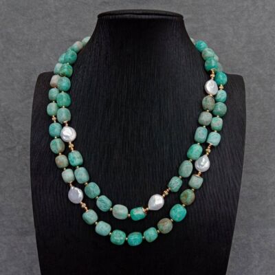 White Coin Pearl Green Amazonite Necklace Handmade Women Designer Jewelry