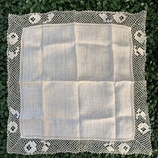Antique Cotton Net Rose Floral Design Crochet Edge Handkerchief
