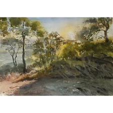 ORIGINAL Art Watercolour Painting Landscape  Sunlight 14.1x20" Tatiana Ilitzky