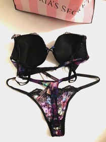 Victoria's Secret Shine Black Strap Bombshell Push Up Bra Thong Set Moody Floral