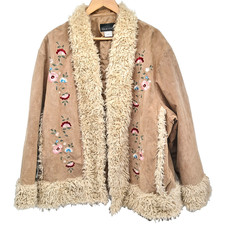 Penny Lane Phoebe Coat Womens 30W Shearling Trim Afghan Embroidered Suede Jacket