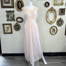 Vintage Pale Pink Lace Trim Embroidered Maxi Nightgown - Size XL