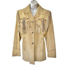 Cripple Creek Suede Fringe Western Jacket Womens L Tan Beaded Leather