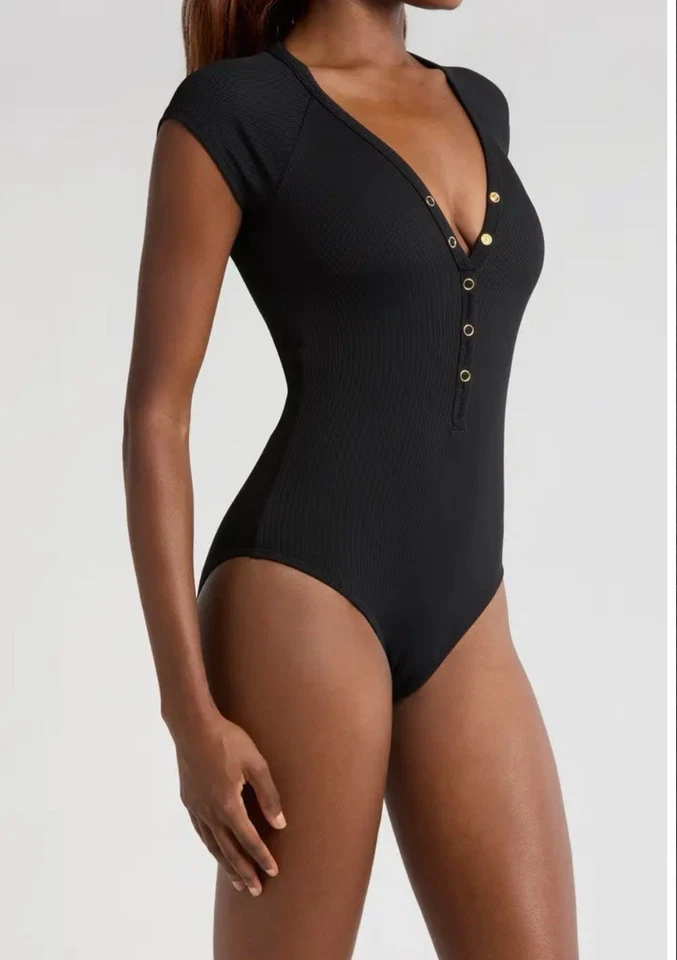 Robin Piccone Amy Raglan Sleeve One-Piece Swimsuit, Licorice (black) 14, $178 - Image 3 of 4