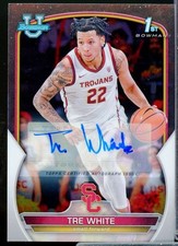 Tre White Rookie Card 2022-23 Bowman Chrome University Prospect Autographs #32. rookie card picture
