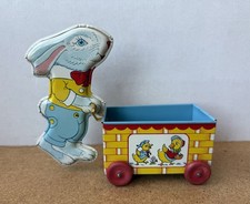 Vintage Easter Bunny Tin Litho Candy Basket Chicks Wooden Wheels J. Chein USA