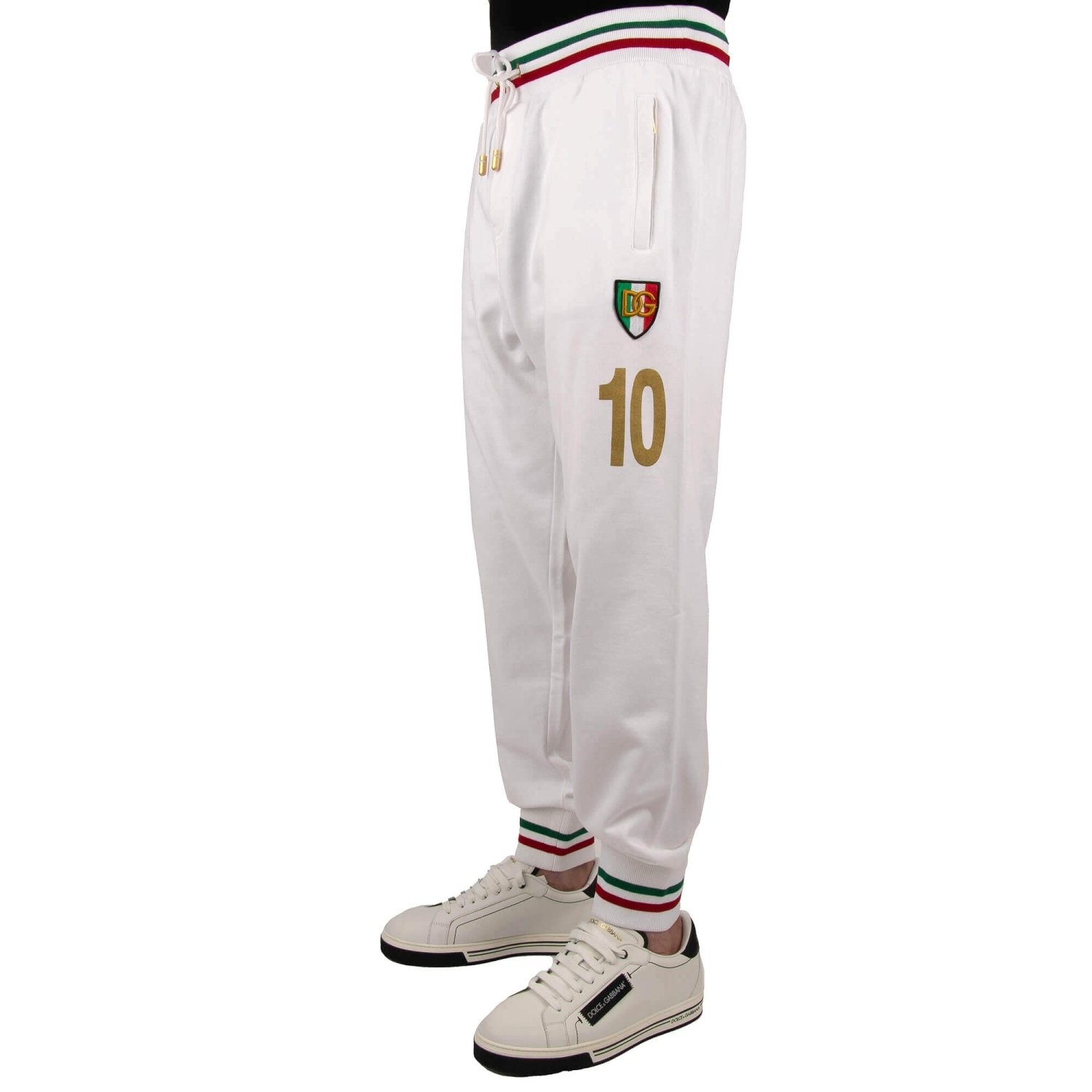 DOLCE & GABBANA DG Gold Logo Italy Flag 10 Patch Cotton Jogging Pants White