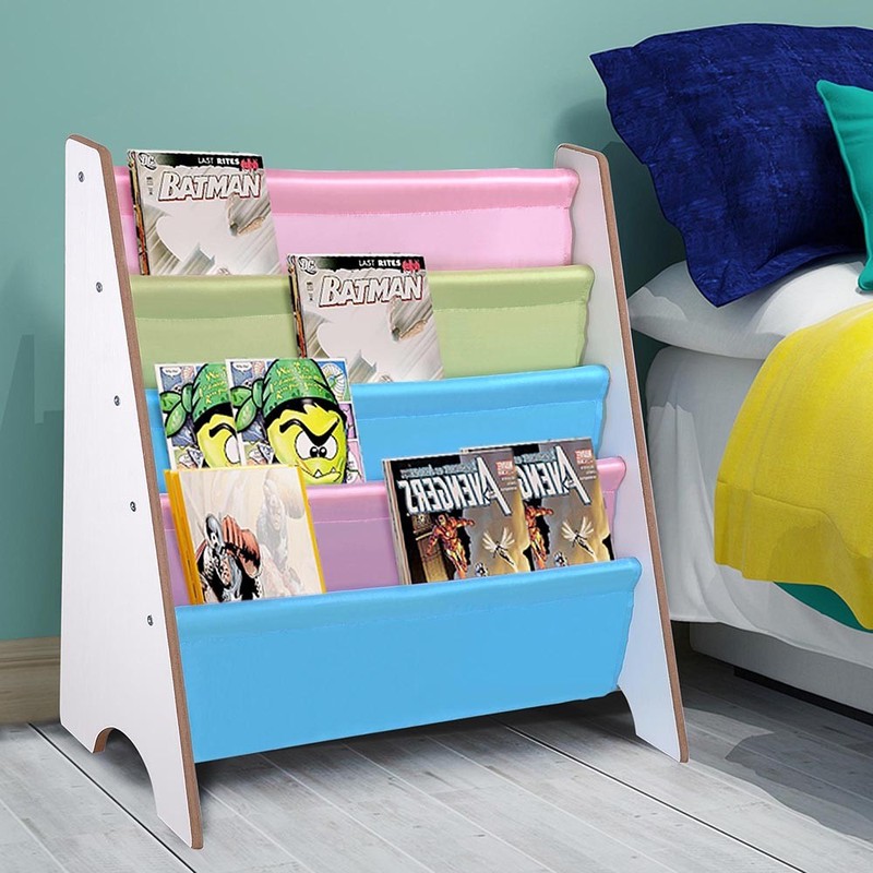 Wood Kids Sling Book Shelf Storage Rack Organizer Color Pockets Bookcase Holder