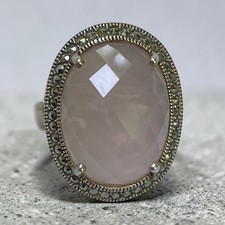 Stunning VTG .925 Sterling Silver Rose Quartz Ring Ornate Band Detail s7.5 18ct