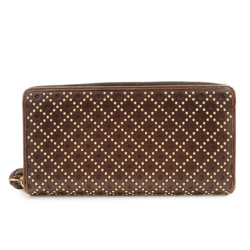 GUCCI Leather Round Zippy Long Wallet Studs Brown Gold 264733 Authentic Used F/S
