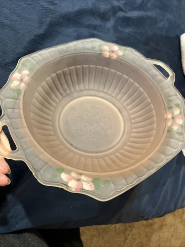 Anchor Hocking Mayflower Pink Frosted Depression Glass Bowl Hand Painted Flowers