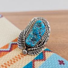 Vintage Navajo Sterling Silver  Turquoise Feather/Leaf Ring Old Pawn Size 8.25